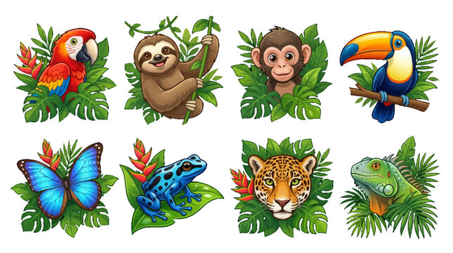 Tropical rainforest animals set with macaw sloth monkey toucan butterfly frog jaguar and iguana surrounded by jungle leaves