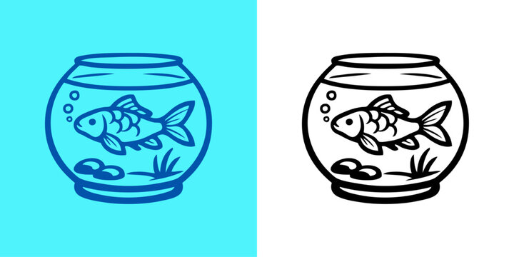 Logotipo con dibujo minimalista con l&iacute;neas de un pez de colores en una pecera circular de cristal, en versiones con fondo azul y fondo transparente 
