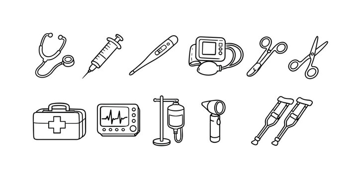 Collection of simple hand-drawn medical equipment icons for healthcare and wellness themes