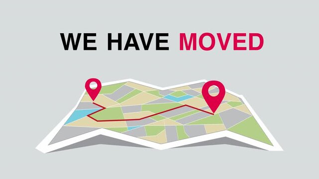 Company Relocation with Map Route. We Have Moved Animation