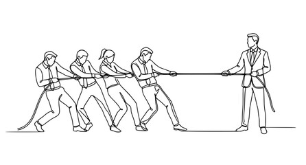 Single continuous line business team pulling rope against confident businessman vector illustration © Mahfuj