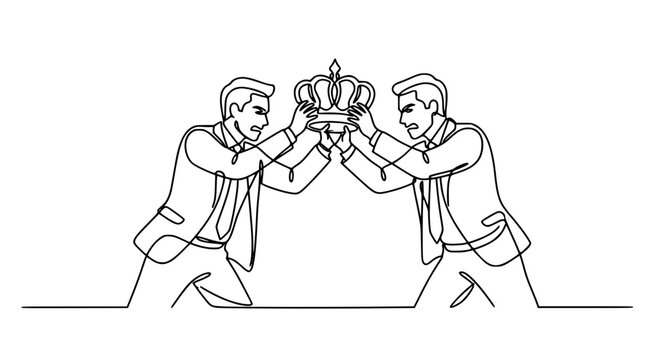 Continuous one line drawing of business rivalry with two men fighting over crown vector