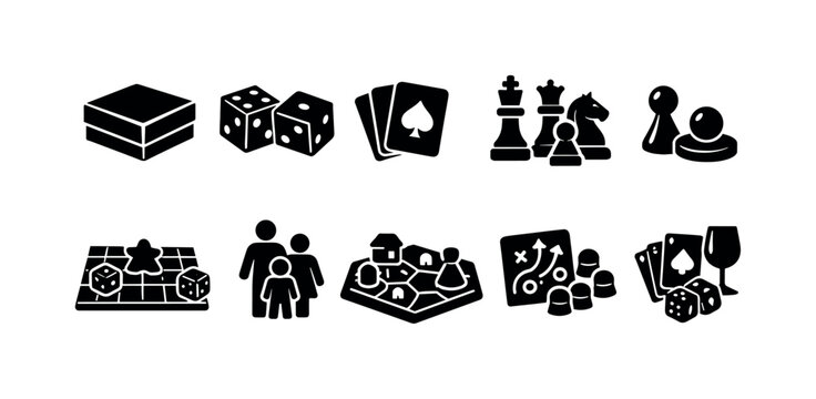 Collection of board game icons including dice, cards, chess pieces, and game boards