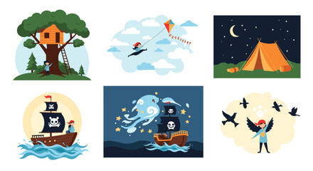 Naklejka premium Diverse collection of children adventure scenes includes a treehouse, kite flying, camping, pirate ships, and bird watching.