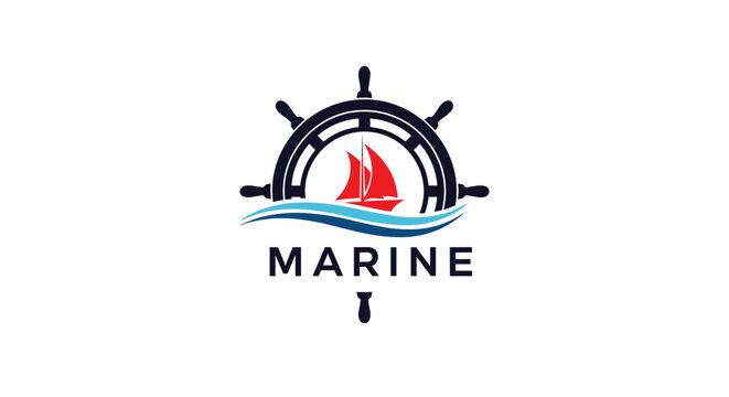 Professional marine themed logo incorporates a ship steering wheel, ocean waves, and a red sailboat with elegant typography.