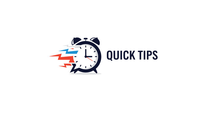 Dynamic quick tips logo incorporates an alarm clock with colorful speed lines and bold sans serif typography on the side.