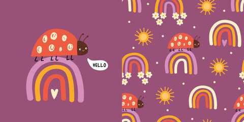 Cute ladybug greeting card and seamless pattern with rainbows, suns and flowers. Insect design for kids nursery decor and baby products. Flat vector illustration © Hanna Bykova