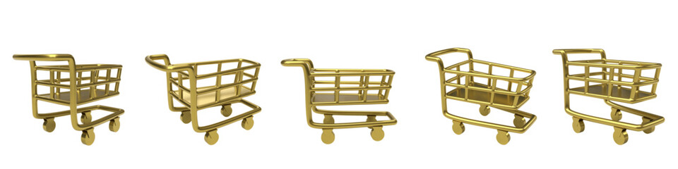 Vector set of golden shopping cart shown from different angles and positions. Glossy symbol, isolated 3d render. Realistic luxury gold 3d shopping cart icon for sales, online shops and marketplaces. © SorayaShan