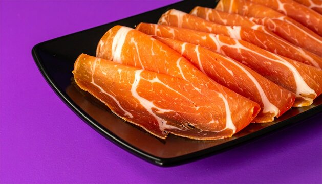 Thinly Sliced Cured Ham or Prosciutto on a Black Plate over Purple Background
