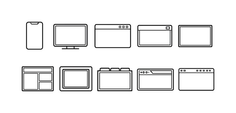 Collection of various digital device screen outlines and browser window designs
