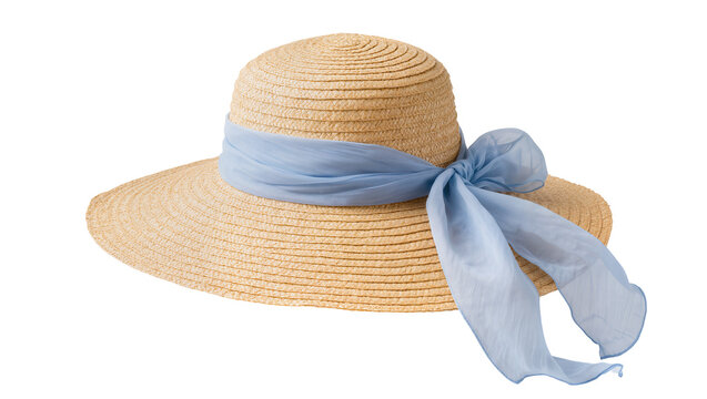 Straw sun hat with blue sheer ribbon bow, isolated on transparent background