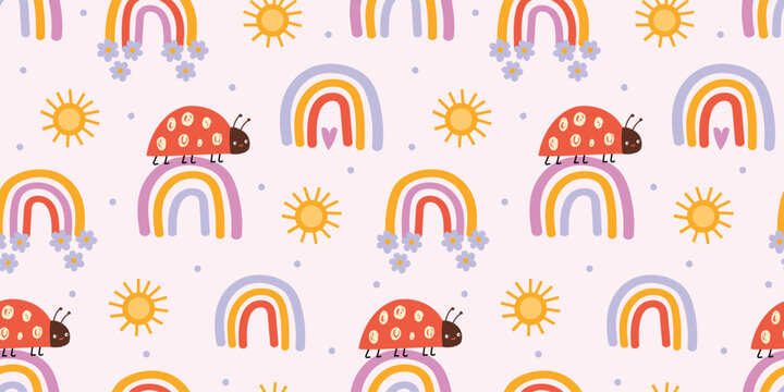 Seamless pattern with cute ladybugs, rainbows, suns and flowers. Colorful repeating background for kids fabric, wallpaper, wrapping paper and nursery design. Flat vector illustration.