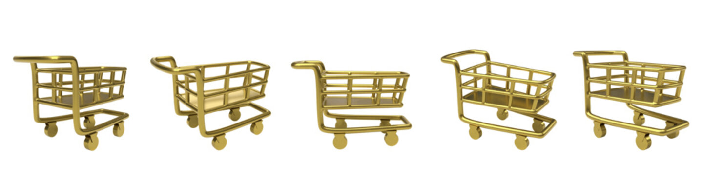 Vector set of golden shopping cart shown from different angles and positions. Glossy symbol, isolated 3d render. Realistic luxury gold 3d shopping cart icon for sales, online shops and marketplaces.