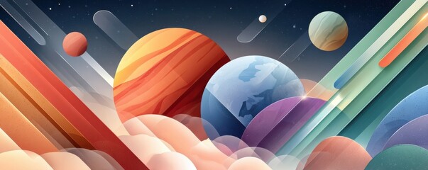 Fototapeta premium Futuristic space background with colorful planets, neon beams and abstract geometric clouds for avatars