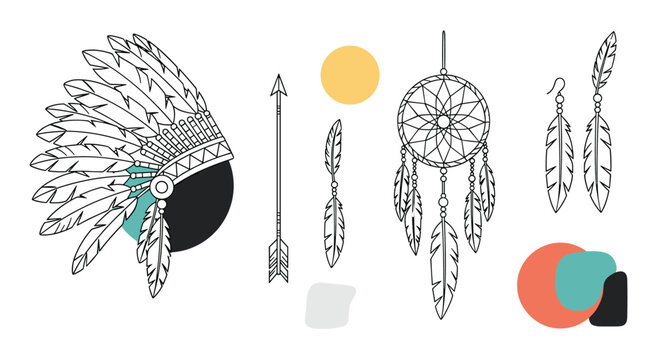 Collection of native american themed design elements includes a feather headdress, arrows, dreamcatcher, and earrings.
