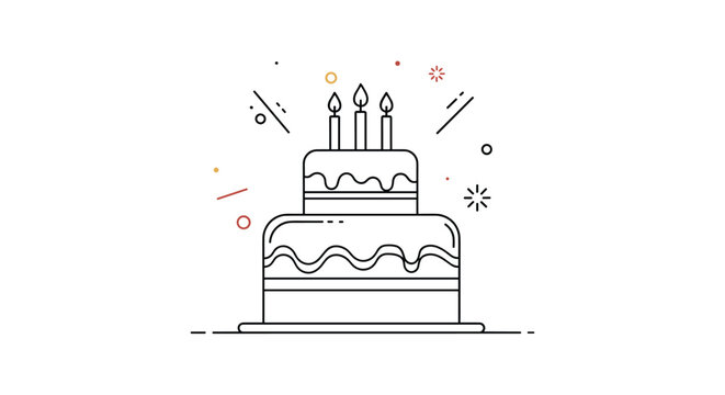 Two-tier birthday cake with three lit candles and colorful confetti shapes in a simple black and white line art style.