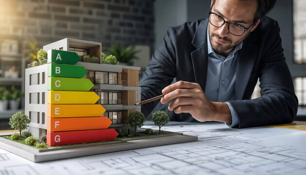 Architecte pr&eacute;sentant un projet de maquette Immobili&egrave;re immeuble &Eacute;cologique &ndash; Diagnostic de Performance &Eacute;nerg&eacute;tique (DPE) et Architecture Durable