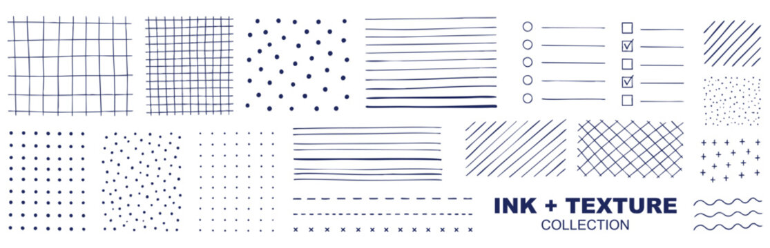 Collection of hand-drawn ink textures, patterns, and design elements including grids, dots, lines, checklists, and cross-hatching isolated on white background.