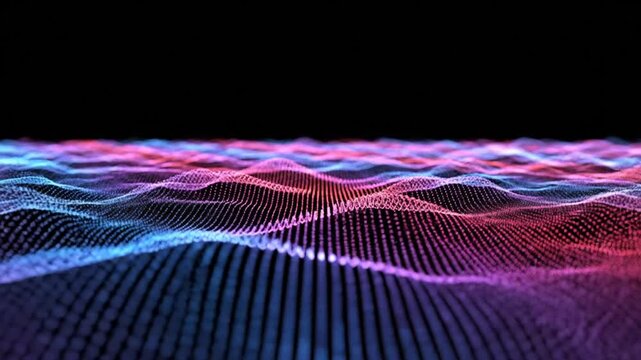 3D digital wave pattern formed by glowing particles and dots in red, pink, and blue gradients on a black background, featuring shallow depth of field for data visualization.