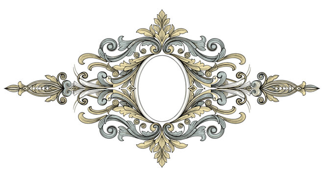 Highly detailed and symmetrical vintage frame with ornate filigree scrolls and an oval center for elegant labels.