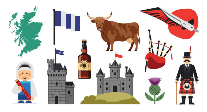 Scottish cultural icons collection with a highland cow, bagpipes, castles, a map, thistles, and a man in a kilt.