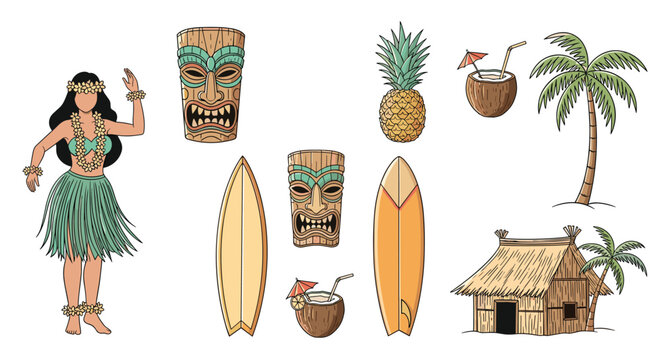 Hawaiian tropical elements collection featuring a hula dancer, tiki masks, surfboards, and a beach hut on white.