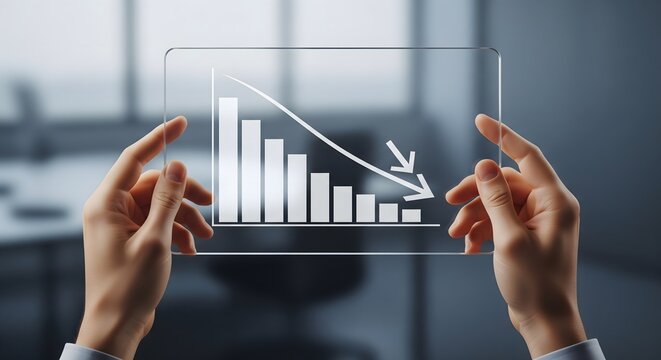 Businessperson holding a transparent digital screen showing a declining financial bar graph and downward arrow in an office.