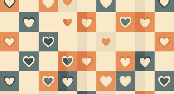 Seamless checkered pattern background of various sized hearts in shades of orange, blue, and cream for romantic and decorative designs.