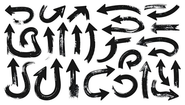 A collection of various hand-drawn, distressed arrow icons of differing shapes, directions, and sizes, on a black background