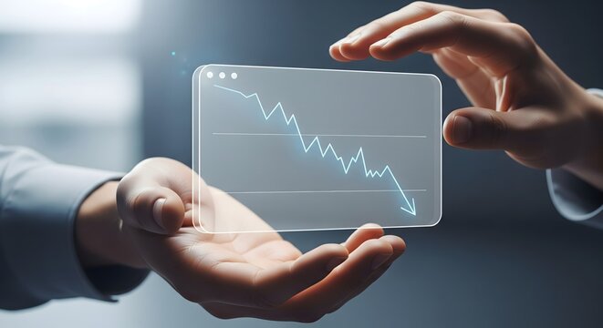 Close up of a businessman's hands holding a transparent digital interface displaying a downward trending line graph representing financial loss or recession.