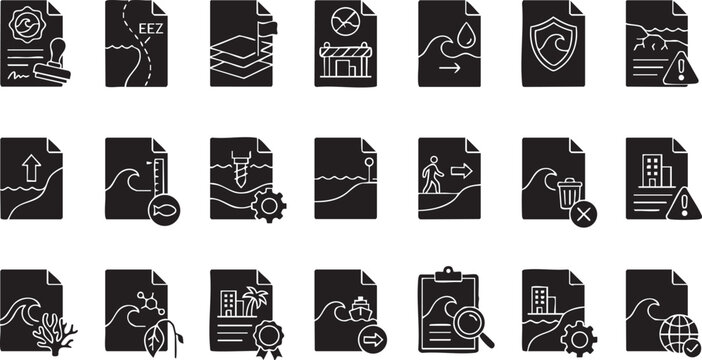 Ocean and marine environmental policy icons depicting sea waves coastal erosion maritime zones shields fish measuring tools oil rigs sea level rise and coral reef protection
