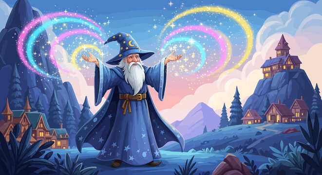 Wizard with long white beard magic.