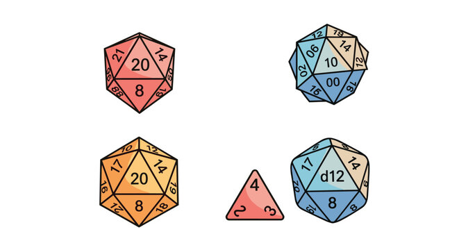 Set of multi sided dice used for role playing games including d20 and d12 in various colors for tabletop gaming and hobby concepts.
