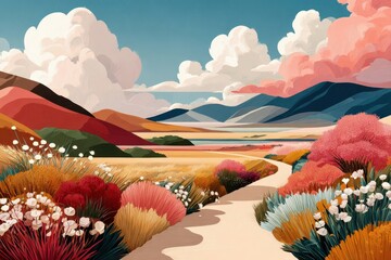 Naklejka premium Sunlit grassland path through flowering meadows under pink clouds and distant blue mountains