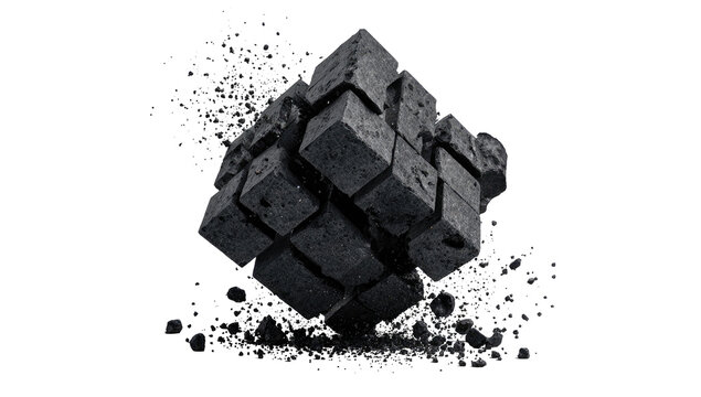 Deconstructed cube of rough, dark stones floating against a stark black background, crumbling into dust