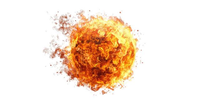 Blazing orb of bright orange fire surrounded by ethereal white smoke against a stark black backdrop
