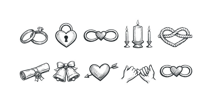 Collection of hand-drawn wedding and love symbols in a sketch style