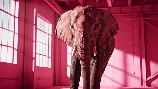 AI-generated elephant in a vibrant pink, surreal warehouse, symbolizing big challenges, unconventional thinking, and innovative business solutions. Perfect for conceptual communication and strategy.