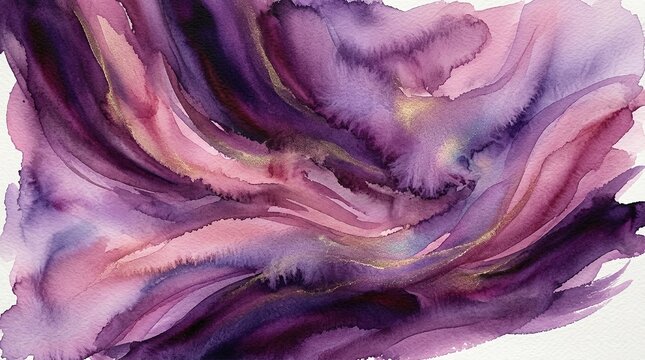 Artistic watercolor painting features flowing shades of vibrant purple and soft pink pigment with delicate metallic gold accents creating a luxurious wave motion texture that appears to float on trans