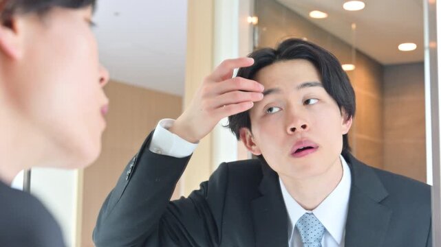 朝のホテルの鏡でヘアセットや身だしなみを確認するビジネスマン就活や出張などの営業前チェックイメージ　第一印象大事だねの動画