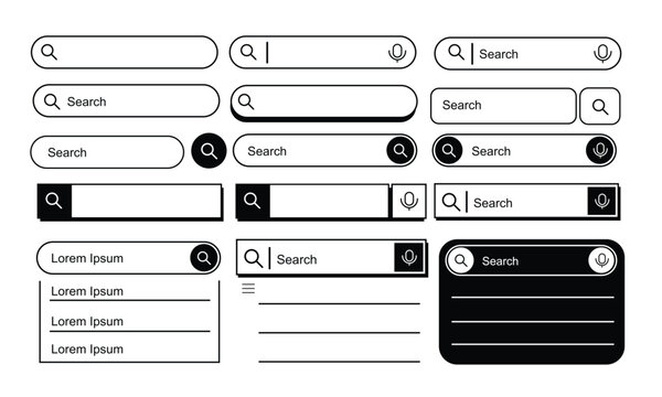Search bar for mobile app or website design, web browser UI element vector set . Search bar vector icons in flat design. modern minimalist flat outline search bar with dropdown suggestions.
