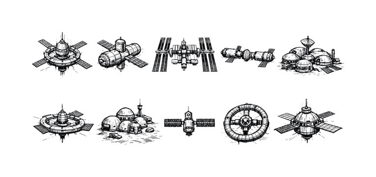 Collection of hand-drawn space station and colony designs for science fiction concepts