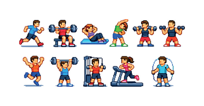Pixel art characters performing various fitness exercises and sports activities