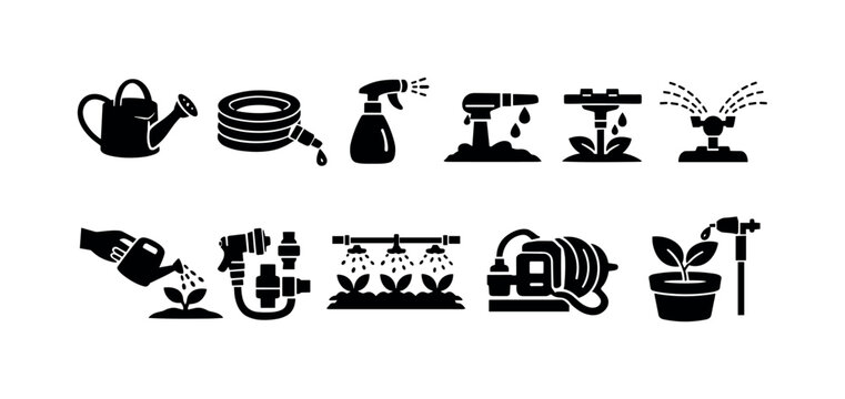 Collection of garden watering and irrigation system icons for agriculture and home gardening