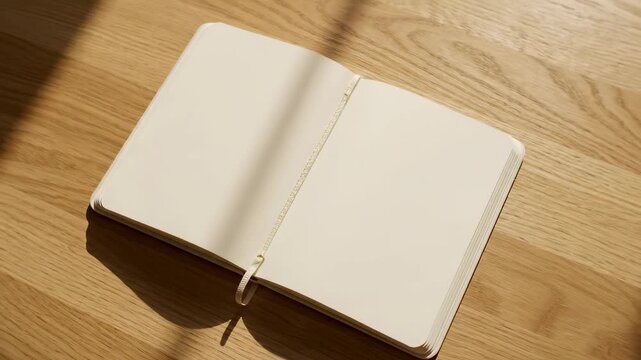 Open blank notebook lays on wooden surface with sunlight casting shadows. Space offers potential for writing, sketching, or brainstorming ideas. Concept of education, creativity, content creation
