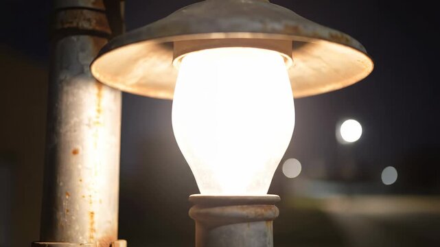 Light changes in vintage lamp highlighting different states of illumination. Clear night setting with moon visible. Concept of outdoor lighting, home decor, photography