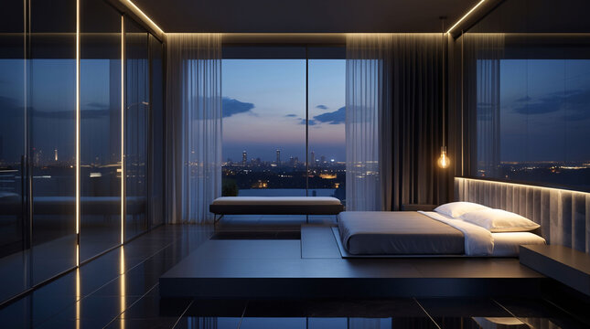Modern boutique bedroom showcasing oversized bed with discreet hidden illumination creating relaxing dark atmosphere beautifully interior design for hotel advertising