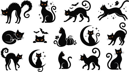 Black cats, curled and standing, white background © Rekha