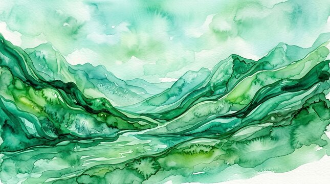 Hand painted artistic landscape featuring soft flowing green mountain ranges created with vibrant watercolor washes in a creative fluid style that displays artistic beauty and natural elegance capture