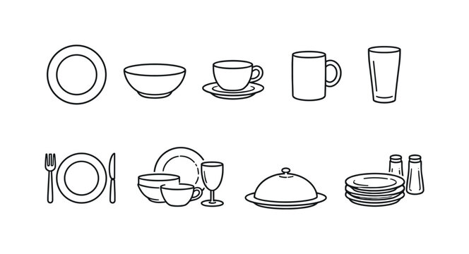 Collection of simple line art icons representing various tableware and kitchenware items